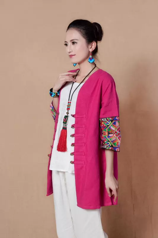 Partridge National Linen Thêu Nút đồng Hàng đầu của Phụ nữ Áo khoác gió dài trung niên Áo khoác ngoài mùa thu và mùa đông - Trench Coat