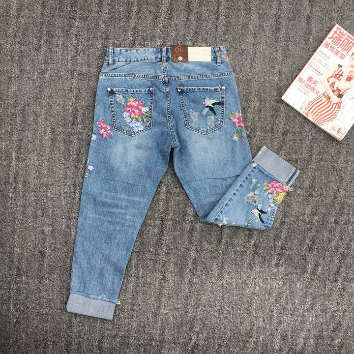 gucci刺繡牛仔褲a貨 超然牛仔褲2020春新款bf翻邊繡花九分褲寬松垮褲刺繡破洞牛仔褲女 gucci牛仔褲