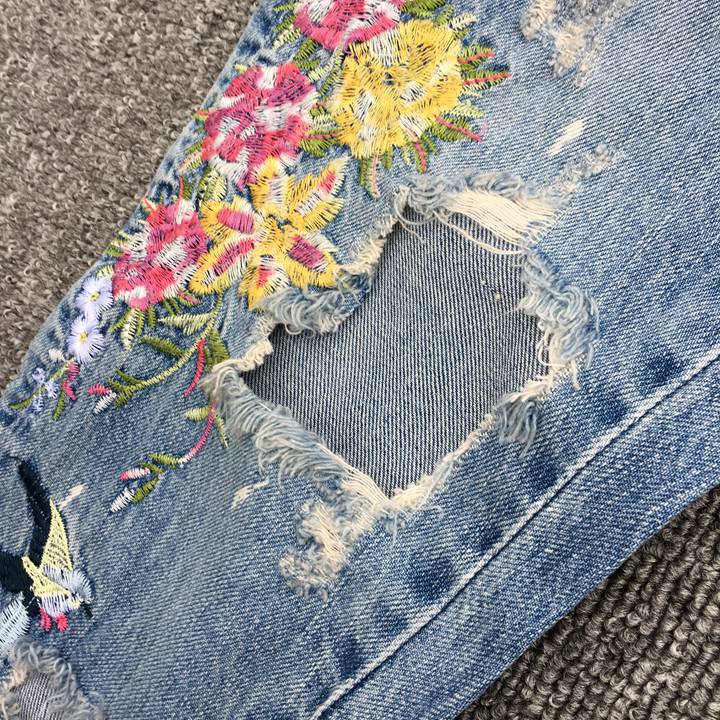 gucci刺繡牛仔褲a貨 超然牛仔褲2020春新款bf翻邊繡花九分褲寬松垮褲刺繡破洞牛仔褲女 gucci牛仔褲