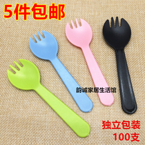 Disposable fork color cake fork spoon plastic fruit fork dessert spoon ultra-thick frosted 100 separate pack