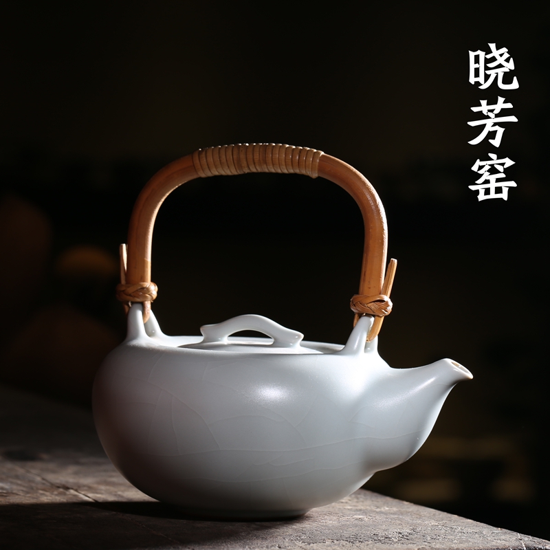 台湾茶具 晓芳窑 汝窑 早期天青开片提梁壶 茶壶 蔡晓芳作品_7折现价4