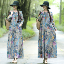 Ethnic style printed long-sleeved cotton and hemp dress womens 2021 spring and autumn loose comfortable casual linen base long dress