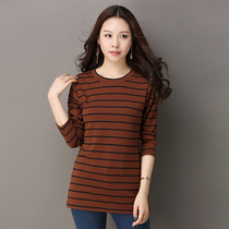 2020 spring new large size loose medium long striped T-shirt womens Korean version round neck long sleeve top base shirt tide