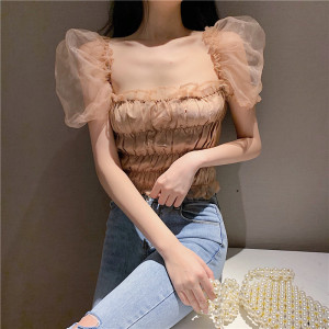 Sheer Lace Chiffon short pleated mesh short sleeve shirt