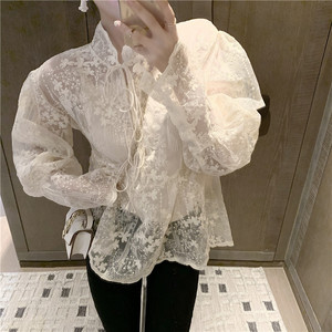 Vintage embroidered lace up Mock Neck Shirt