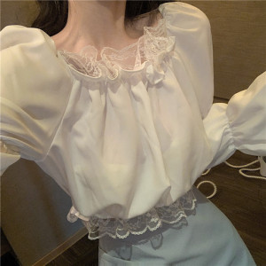 Vintage spring and summer sweet short bubble sleeve one word lace shirt