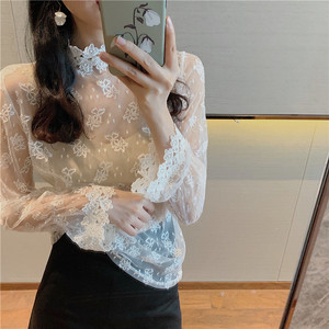 Lace， long sleeve， westernized， thin bottom and mesh shirt