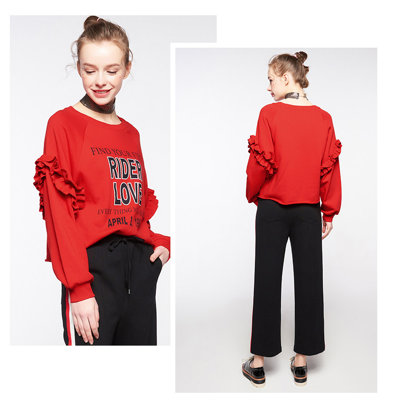 2018春新款 cachecache 潮流纯色圆领花边滑肩袖字母印花女款t恤