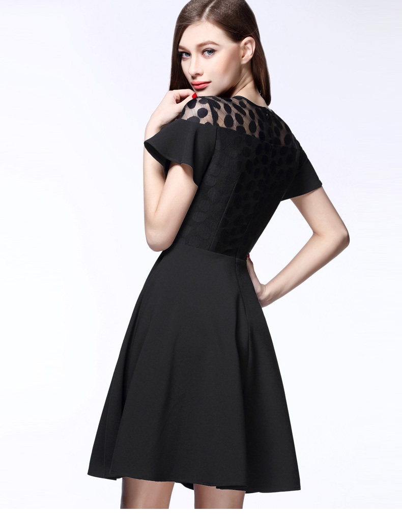 zk喇叭袖蕾丝网纱拼接系带连衣裙修身显瘦小黑裙2016夏季新款女装