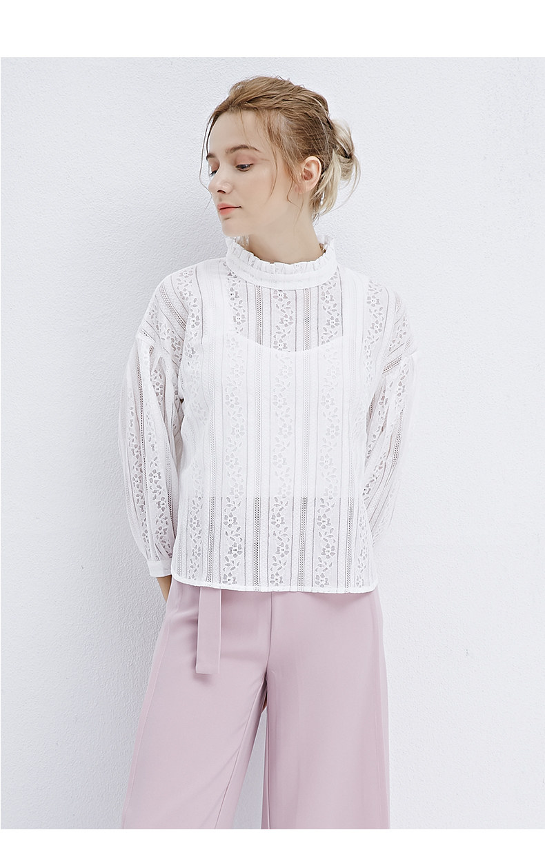2017秋装新款日系灯笼袖高领白色蕾丝打底衫