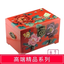 Boutique Pingyao lacquerware jewelry box push light paint retro makeup storage dressing wooden three-layer with drawer Peony 28