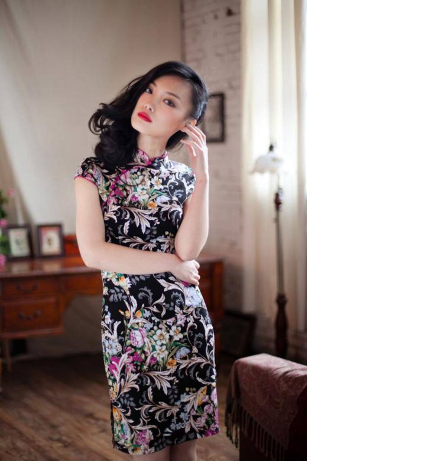 弹力麻旗袍白底小兰花.复古中式礼服性感文艺民族风女装新款夏装