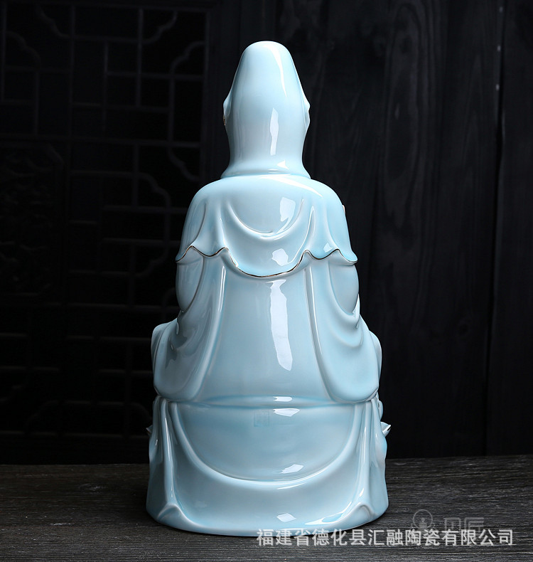 青瓷观音菩萨佛像家用供奉客厅摆件坐莲观世音菩萨微笑陶瓷观音