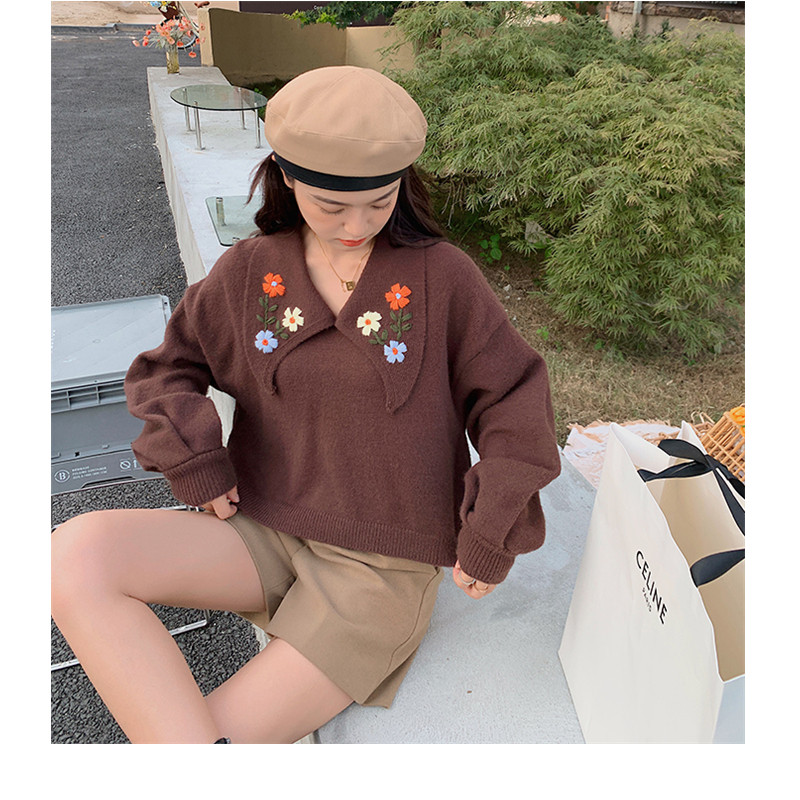 灯笼袖翻领刺绣针织衫2021秋冬新款女时尚宽松短款毛衣上衣_朵儿女装