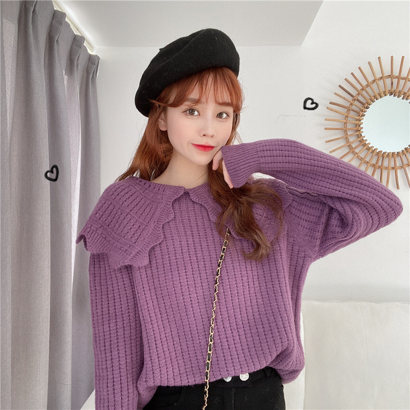 新款娃娃领毛衣女2021秋冬季百搭甜美翻领花边加厚打底上衣_朵儿女装