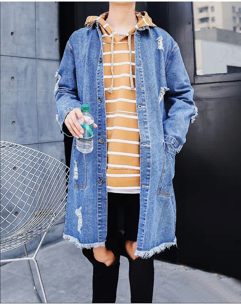 春季大码牛仔风衣男宽松日系潮流中长款外套青年帅气破洞大衣披风_7折