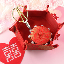 Festive Dragon and Phoenix gold scissors wedding needle box bag bride dowry supplies set ribbon cutting Gold cut opening ceremony