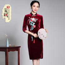 Yue 2021 Spring Summer New vintage wine red velvet short mid-sleeve cheongsam dress banquet dress