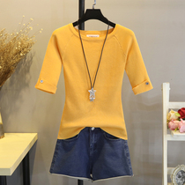 Ice silk sweater womens spring half sleeve 2021 new thin section inside the middle sleeve top slim fit tight base shirt