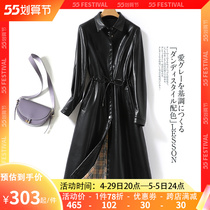 Lady in a fur coat with a long collection waist lacing real leather big dressing woman 2022 Anti-season black Conspicanthin Woman Coat Sheep Leather