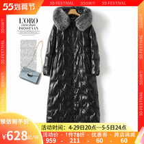 Down jacket woman long style black swarm fox fur collar even cap sheep Pippa women anti-season sheep leather white duck suede