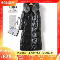 Down clothes woman in the middle of a long line with a hat fox fur collar thickened anti-season womens leather clothes new high-end sheep leather white duck suede