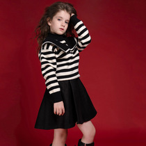 Children Navy Collar Striped Sweater 2021 New CUHK Coupe Girl Dress Girl Foreign Air Korean Version Hooded Sweater Knit Cardiovert