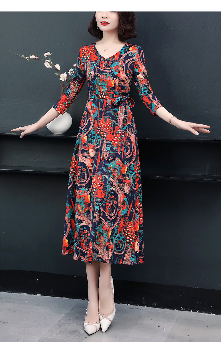 欧洲站2020春款复古印花长裙阔太太显瘦大摆连衣裙 女 可代发