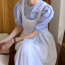 Korean chic age-reducing soft blue crew neck loose bubble sleeve shirt Back bow large swing strap dress