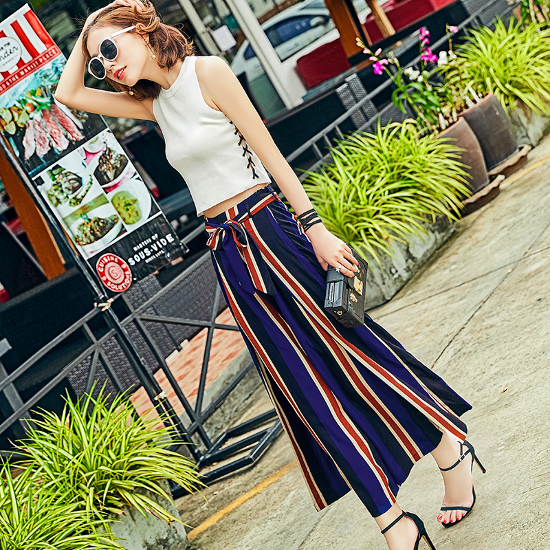 vividini海边度假沙滩裤夏季腰带休闲裤长裤条纹侧开叉阔腿裤女夏