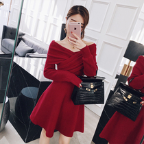 ByYou autumn and winter red long-sleeved v-neck knitted dress female two-wear waist sweater skirt small sexy bottoming skirt