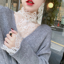 ByYou autumn and winter new long-sleeved hollow water-soluble apricot white lace bottoming shirt womens perspective inner super fairy top