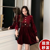 2021 autumn and winter new heavy industry celebrities burgundy court style fashion velvet button stand collar long sleeve dress women