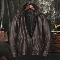 Special mens middle-aged leather leather jacket lapel leather jacket casual head layer cowhide Business Mens slim coat