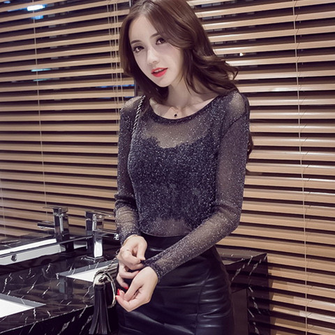 女装秋季透明网纱长袖打底衫弹力蕾丝修身内搭上衣透视银冰丝薄款_7折
