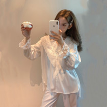 Mulberry Silk Pyjamas Woman Spring Autumn Male Main Wind Sexy V Collar Lotus Leaf Lace Long Sleeves Long Pants Genuine Silk Home Sleeping Skirt Summer