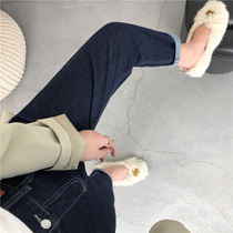 Spot self-retention ten thousand years of high waist two buckles straight loose dad pants stretch nine-point jeans for women