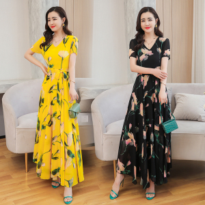 New long style V-neck swing chiffon dress in summer 2020