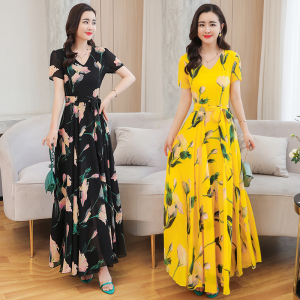 New long style V-neck swing chiffon dress in summer 2020