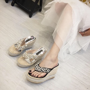 women slippers with high heels slope heels and Pearl diamonds