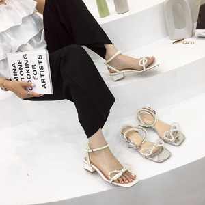 Korean version of square heel one line buckle adhesive shoes