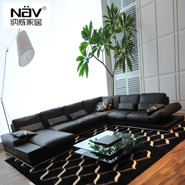 纳威黑色大户型真皮沙发U型组合别墅客厅北欧简约后现代轻奢家具