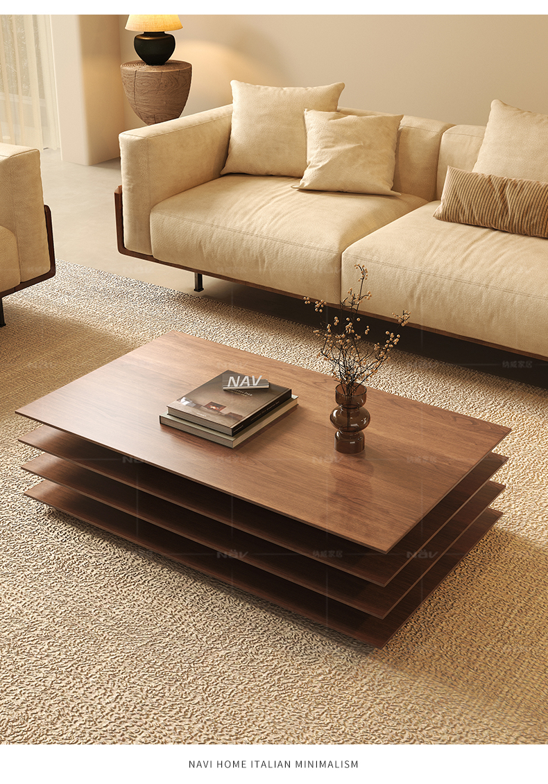 纳威意式极简正方形茶几设计师创意千层蛋糕茶桌胡桃木色2025新款
