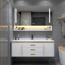Light luxury Rock board one-body basin solid wood bathroom cabinet combination modern toilet wash table face wash basin customization