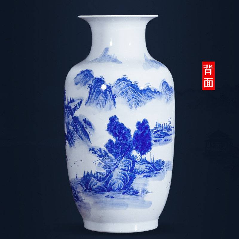 Jingdezhen ceramics landscape painting large Chinese blue and white porcelain vase study ground adornment office furnishing articles