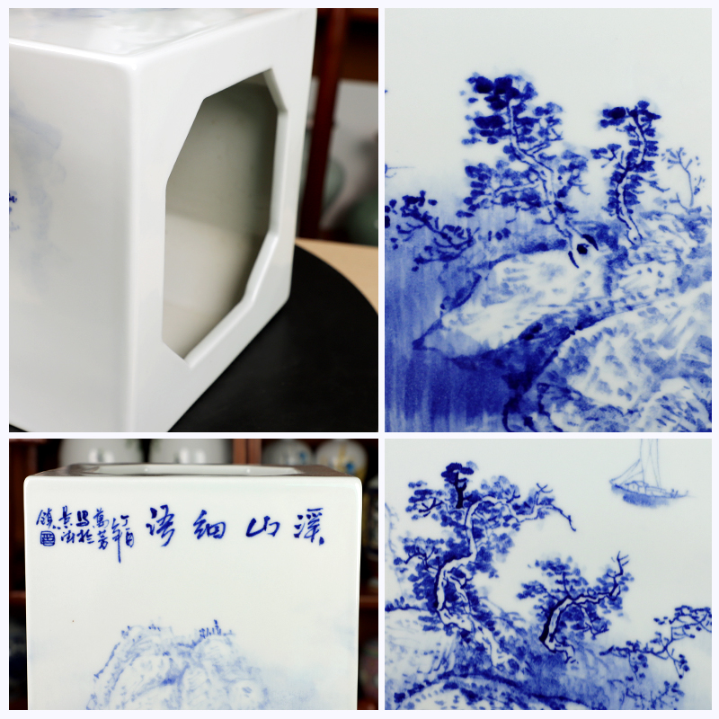 Jingdezhen blue and white landscape square bottle sword barrel hand - made ceramic vase painting and calligraphy home decoration furnishing articles adornment