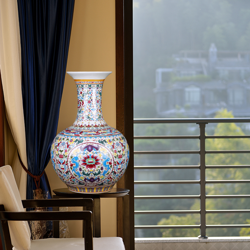 Jingdezhen ceramics large vases, new Chinese style living room colored enamel furnishing articles lucky bamboo flower arranging, home decoration