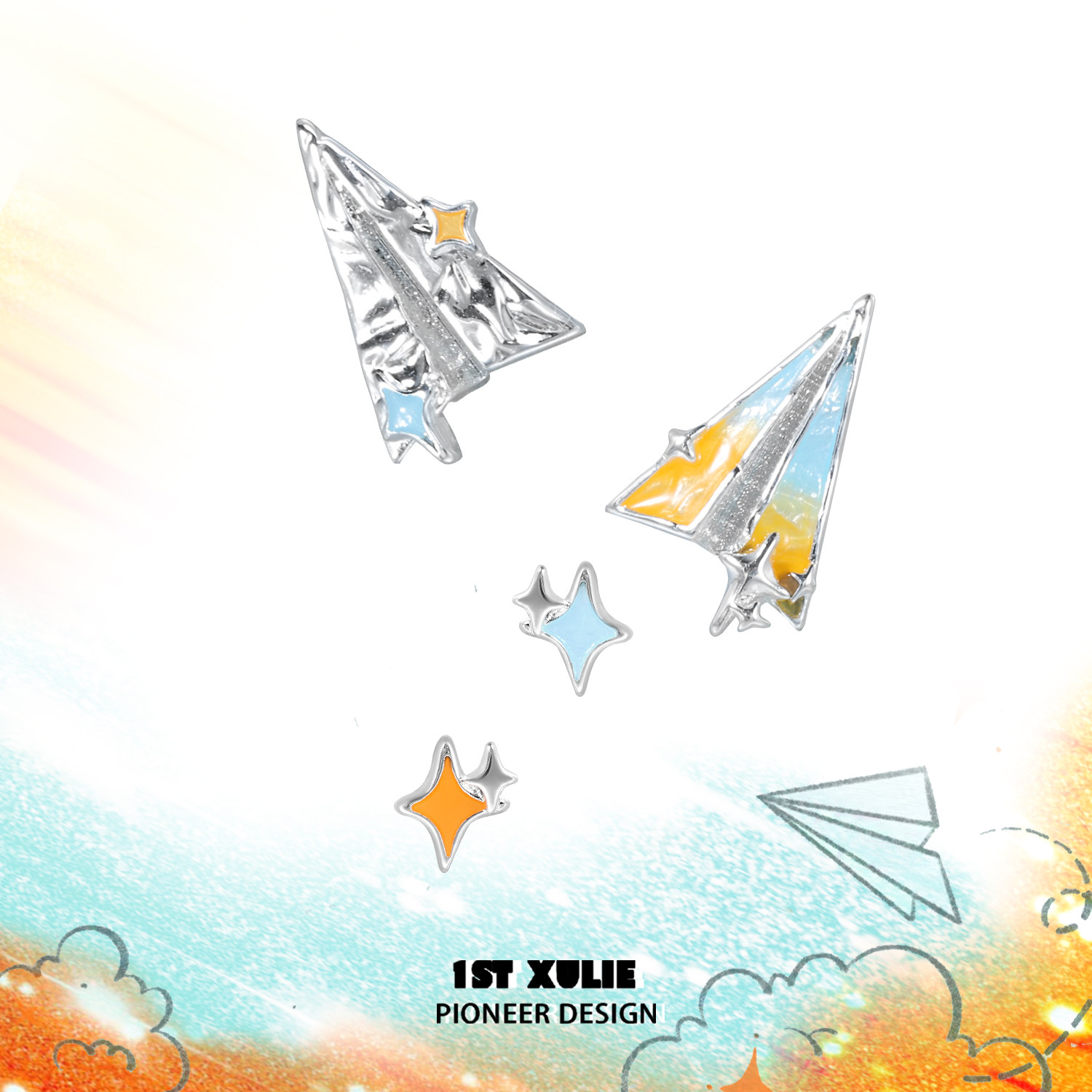 1STXULIE橘子海纸飞机耳针纯银养耳洞原创小众设计甜酷耳环耳饰