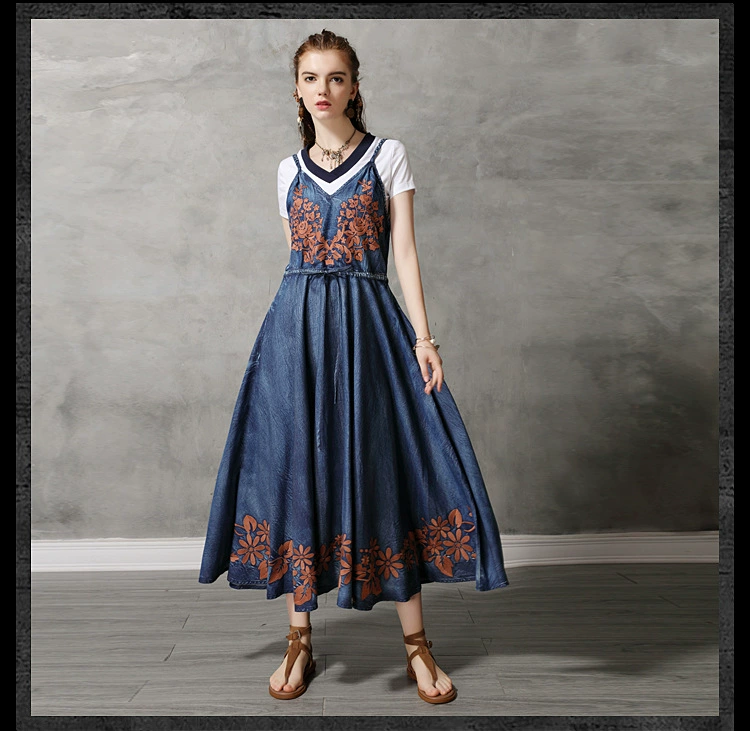 Thương hiệu phụ nữ mùa hè 2020 sản phẩm mới dây rút sling váy xoay lớn váy denim thêu cổ điển phụ tính khí - Sản phẩm HOT