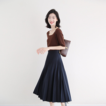 LOSTSOULS Japan commuter to thin medium long style with high waist and pendant sensation pure color Tibetan green 100 plexor half body dress